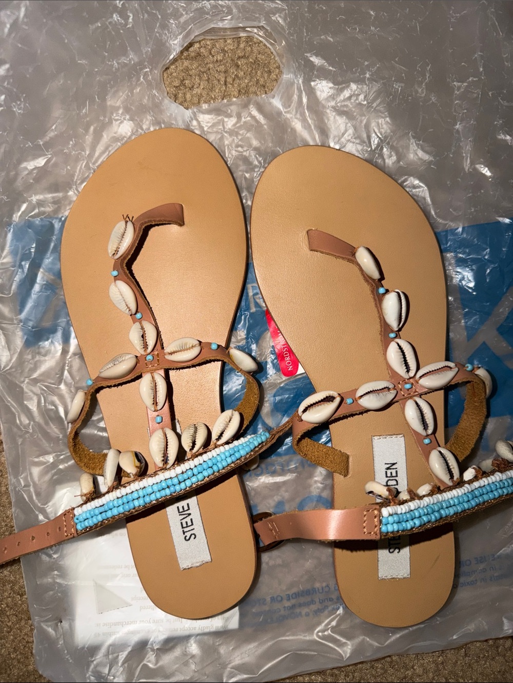 Steve Madden Tan Sandals with Shells & Light Blue Beads